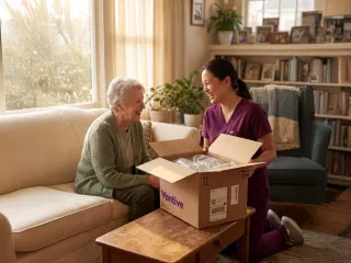 Vantive rep helping woman unbox her package